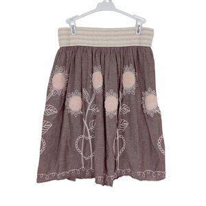 Sunflower Skirt Size L Embroidered Pink & Beige 100% Cotton Smocked Waist Women